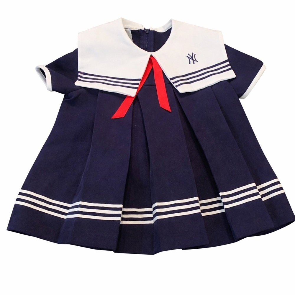 Vintage NY Yankees Navy Sailor Dress with Red Bow Size 2T Made In USA